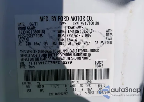 2011 Ford F-150 Xlt z USA, uszkodzony, nr VIN 1FTFW1CT7BFC15279